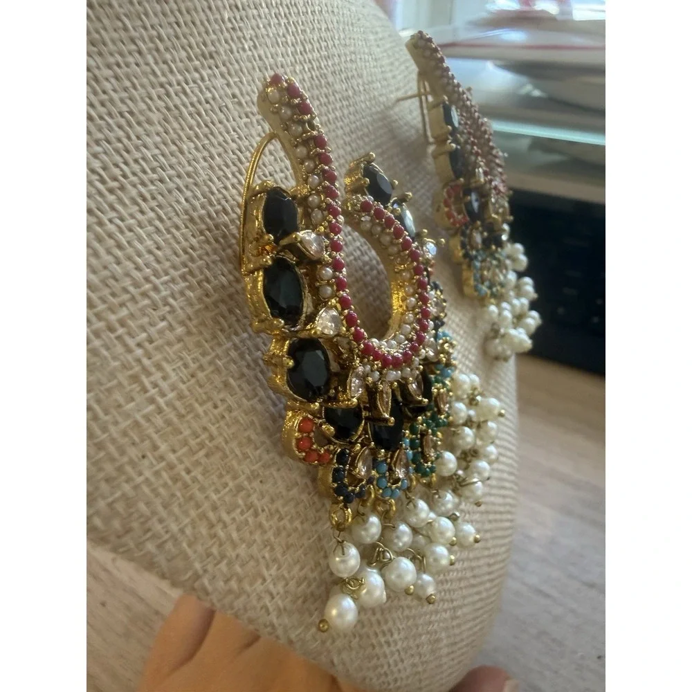 Black And Multicolor Turkish Statement Earrings Gold‎ Tone Pierced Double Lock